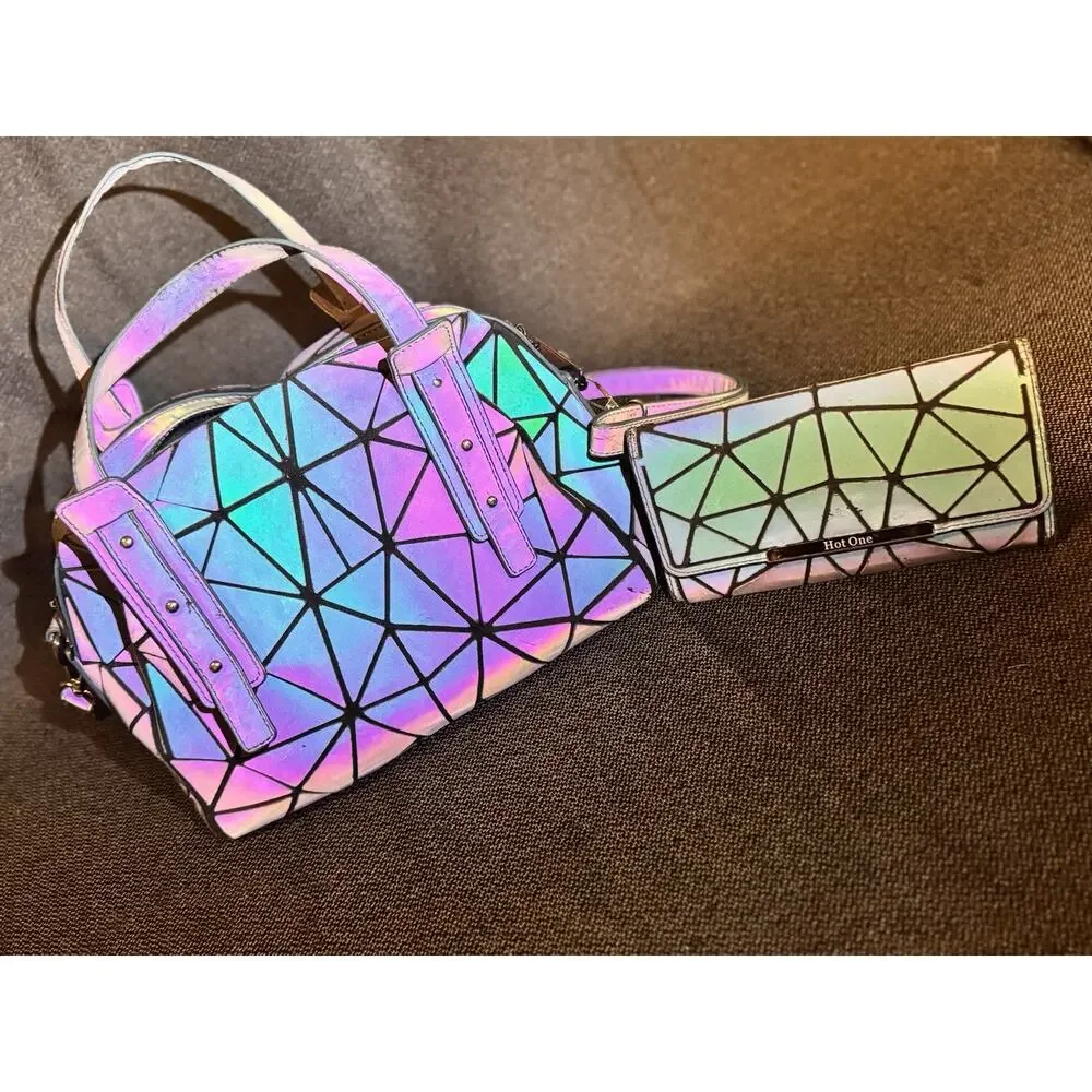 Geometric Holographic Prism Handbag Purse Matching Wallet Iridescent Crossbody